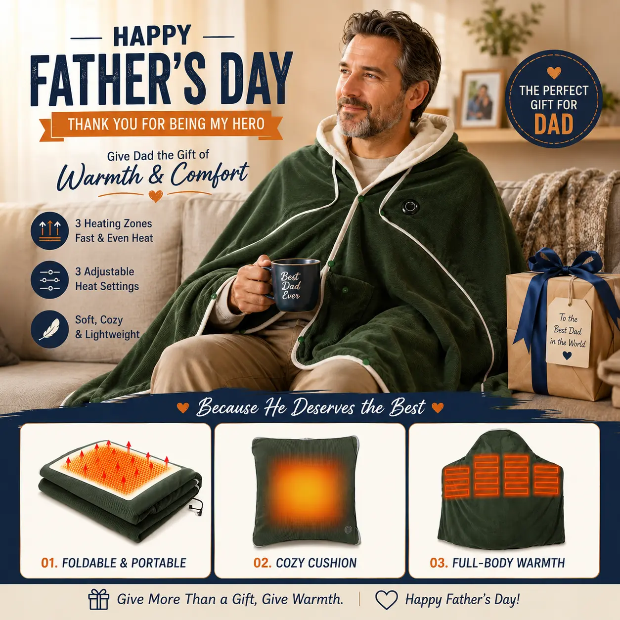 Heatable USB Rechargeable Wearable Portable Blanket - 4-in-1 Pillow Shawl Pad, 3 Heat Settings, Fast Warming, Built-in Heater, Father's Day Gift for Home Office (No Battery Powered Bank Included), Heatable Blankets, Usb Rechargeable Blankets