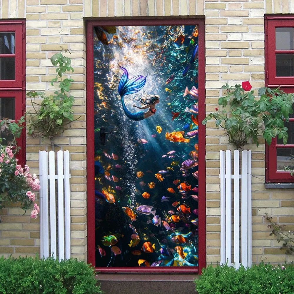 2pcs Mermaid Underwater Wall Stickers for Kids Room Bedroom Living Room Decor Waterproof Self Adhesive Removable Colorful Fish Ocean Theme Cartoon Murals Home Wall Decoration Art Eco Friendly PVC Mater Decorative Stickers