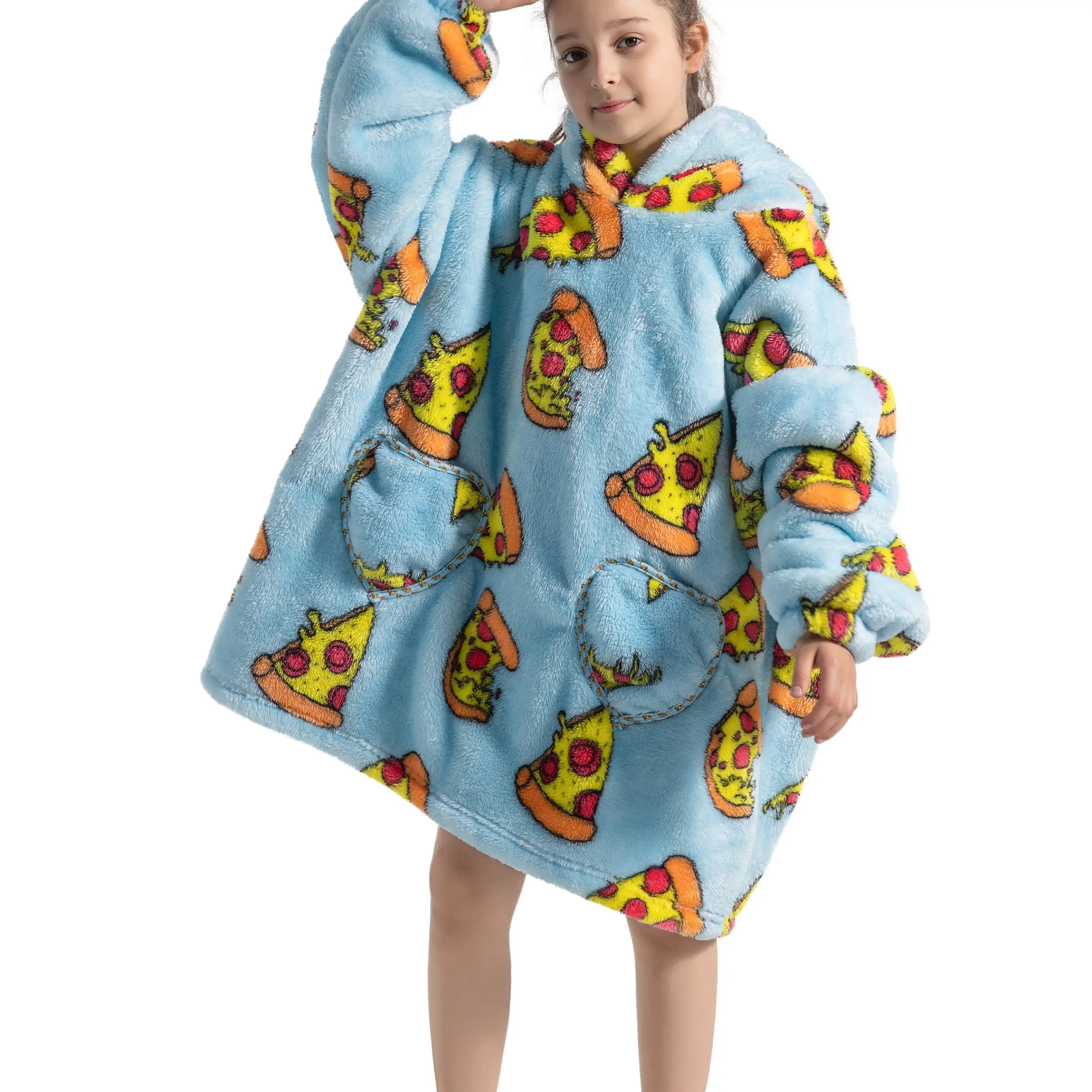Cartoon Print Pizza Blanket for Kids, Fire Retardant Fabric, Apple Pocket, Unisex, Soft Comfort, Multiple Colors Available, Hooded Blankets, Cartoon Pattern Blanket