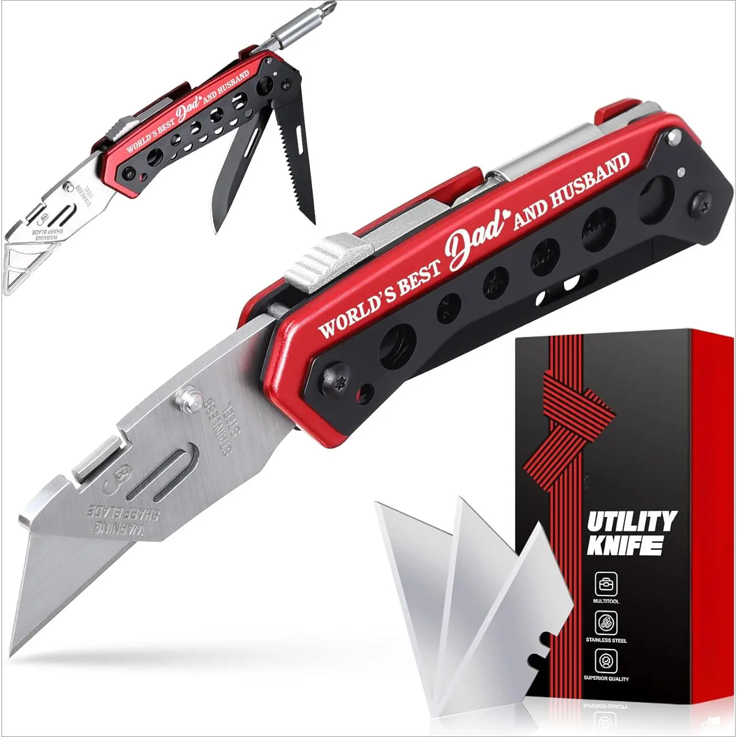 Gifts for Dad Husband, Fathers Day Dad Gifts, Fathers Day Birthday Unique Gift Ideas from Daughter Son, Husband Gift from Wife, 6 in 1 Utility Multitool Knife, Box Cutter, EDC, Work Folding Knifes Multifunctional
