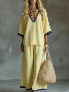 2026 New Linen Two‑Piece Set, Vacation Style Hot Item, European‑American Casual Niche Style, V‑Neck Contrast Trim Half‑Sleeve Top & Wide‑Leg Pants Outfit, Loose Breathable Lazy Vibe, Essential for Beach Vacation, Daily Commute & Travel
