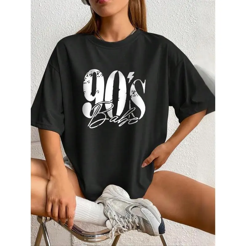 Women's Letter & Figure Print Drop Shoulder Tee, Casual Half Sleeve Round Neck T-shirt for Summer, Graphic Tees, Women's Top for Daily Wear, Summer Vacation Tops, Going Out Tops, Women's Clothing Breathable Everyday