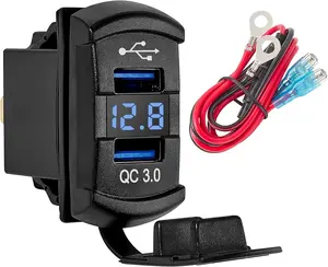 QC Dual USB3.0  Charger Port Rocker  Style, 12V-24V  USB Socket with Blue LED Voltmeter, Universal Fast Charge USB Replacement for Marine Toggle  Panel on Boat  RV
