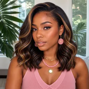 AFRIBYE Women's Short Bob Wigs Human Hair, 13x6 HD Lace Front, P1B/30 Honey Brown Ombre Highlight, 200% Density, Pre-Plucked Bleached Knots with Baby Hair, Body Wave for Black Women