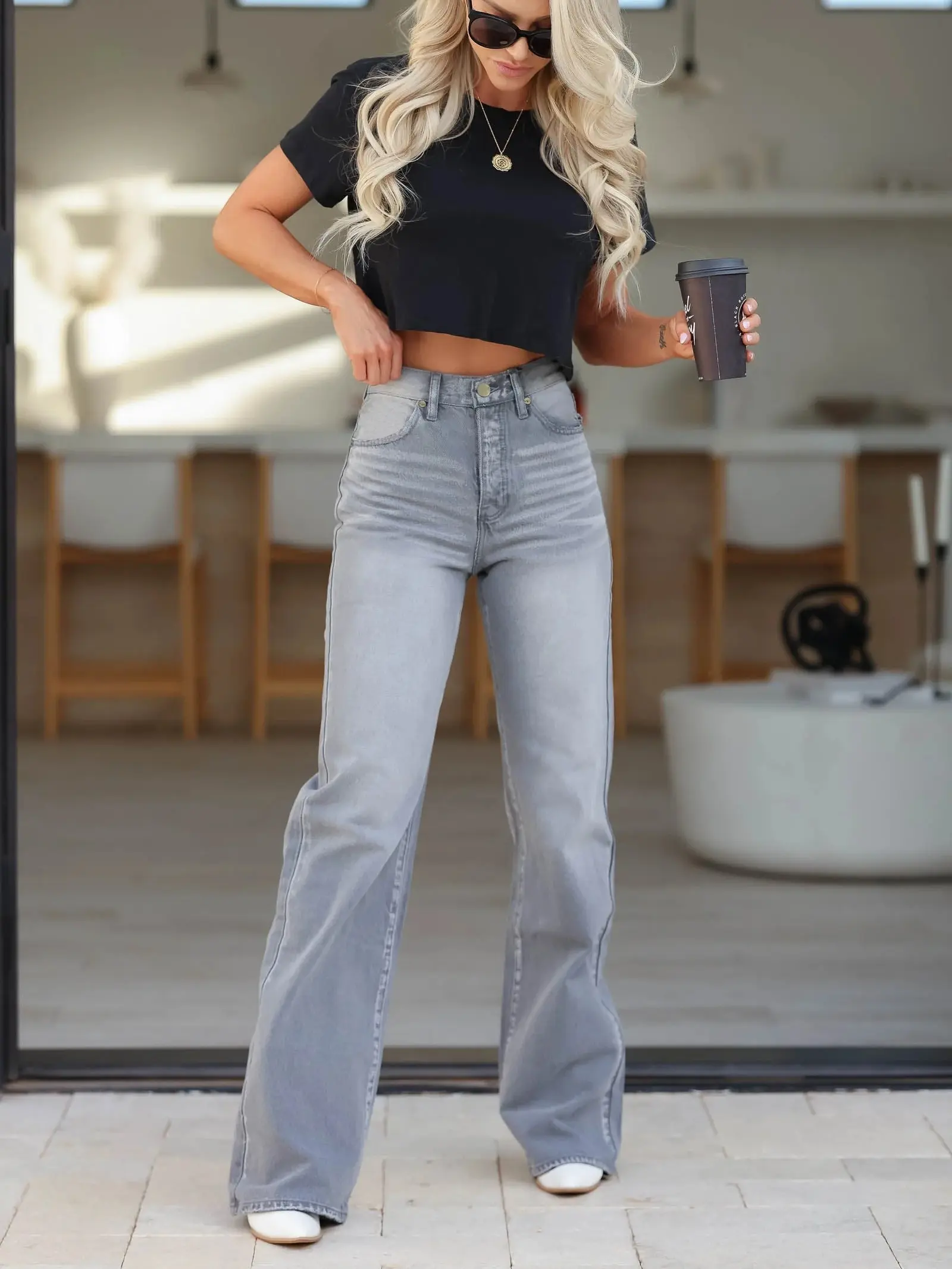 USBoutiqueCHIC Women's Stretch Denim-Look Pants 320GSM High-Waisted Trousers with Elastic Waist for Casual & Office Wear