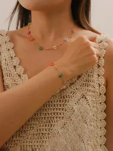Girls' Colorful Daisy Necklace Bracelet Set, Stainless Steel, Cute Floral Jewelry, Minimalist Chain, Daily Wear, Party Gift