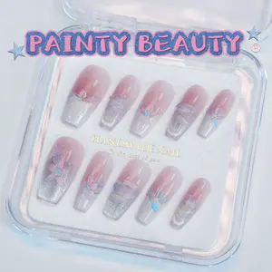 【A107】Coffin Shape French Style Hand Painted Oil Flowers Handmade Press On Nails with Floral Designs