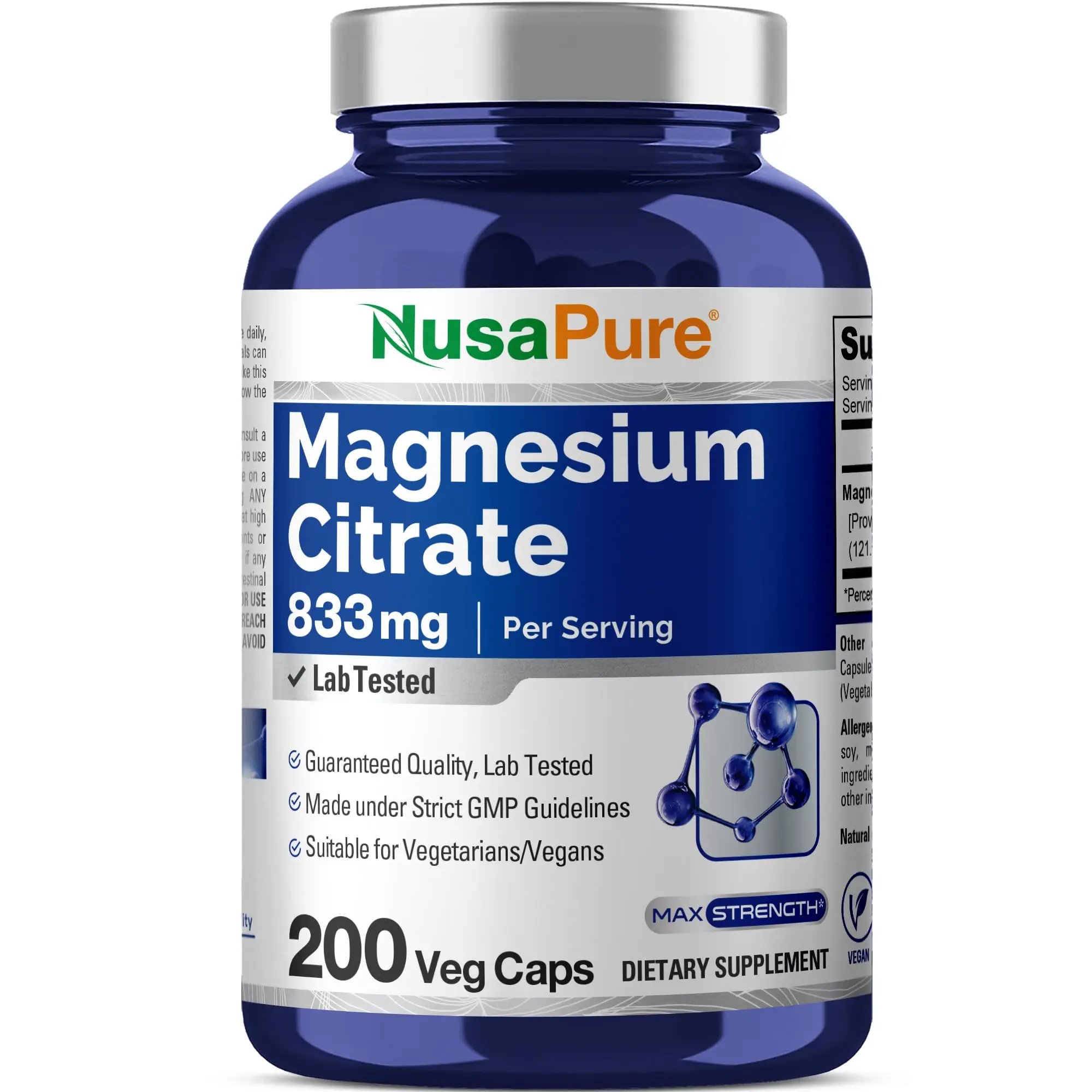 NusaPure Magnesium Citrate 833 mg Muscle Supplement Capsules - 200 Veggie Caps, Vegan, GMO-Free, cGMP-Certified, 2 Cap Daily, Anti-Stress Support, Muscle Health, Cramp Relief, Constipation Control, Softens Stools
