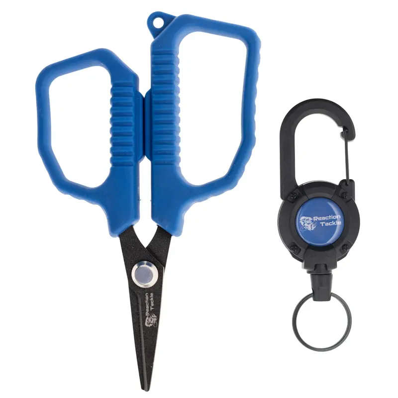 Reaction Tackle Braid Scissors - 4.5" Micro-Serrated Stainless Steel Fishing Accessories for Saltwater with Overboard Saver Retractable Lanyard, Portable Fishing Accessories, Micro-Serration, Compact, Line Cutting, Clip To Bag/Waist, Fishing Gear And Equi