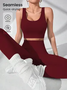 Workout Sets for Women 2 Piece Seamless Ribbed Crop Tank High Waist Leggings Yoga Outfits Activewear Fitness High Stretch Sporty