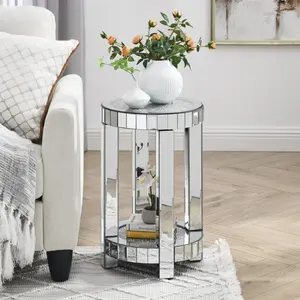 Mirrored End Table Modern Round Side Table with Crystal Design Decorative Glass Accent Small Round End Table Bedside Table for Home Decoration Crystal Diamond Bed Night Stand