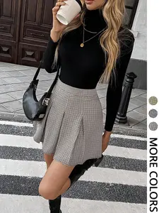 Women's Plaid Ruched Zipper Closure Casual Commuter Minimalist School Style Short Skirt, Spring Summer Fall Winter