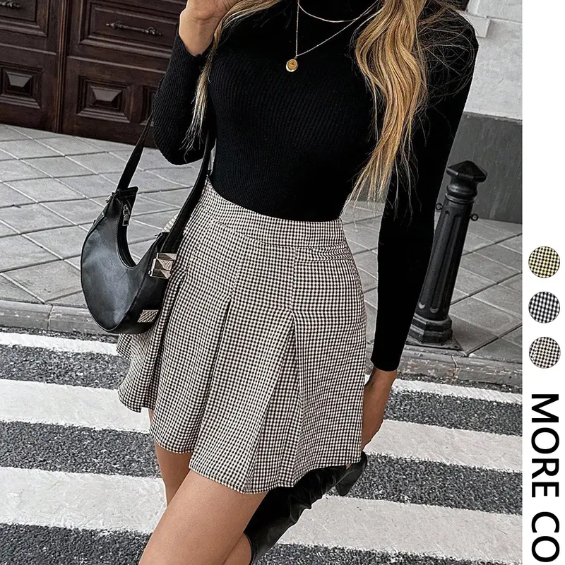 Women's Plaid Ruched Zipper Closure Casual Commuter Minimalist School Korean Style Fitted Short Skirt, Spring Summer Fall Winter, Casual Fashionable Skirt