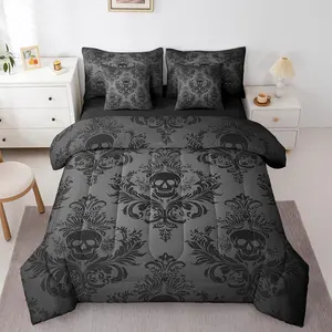 Gothic Skull Reversible 7 Pieces Comforter Set Full Size,Gray Vintage Damask Lace Pattern Bed Sheet Set Boho Victorian Baroque Floral Bedding Set with Comforter,Fitted & Flat Sheet