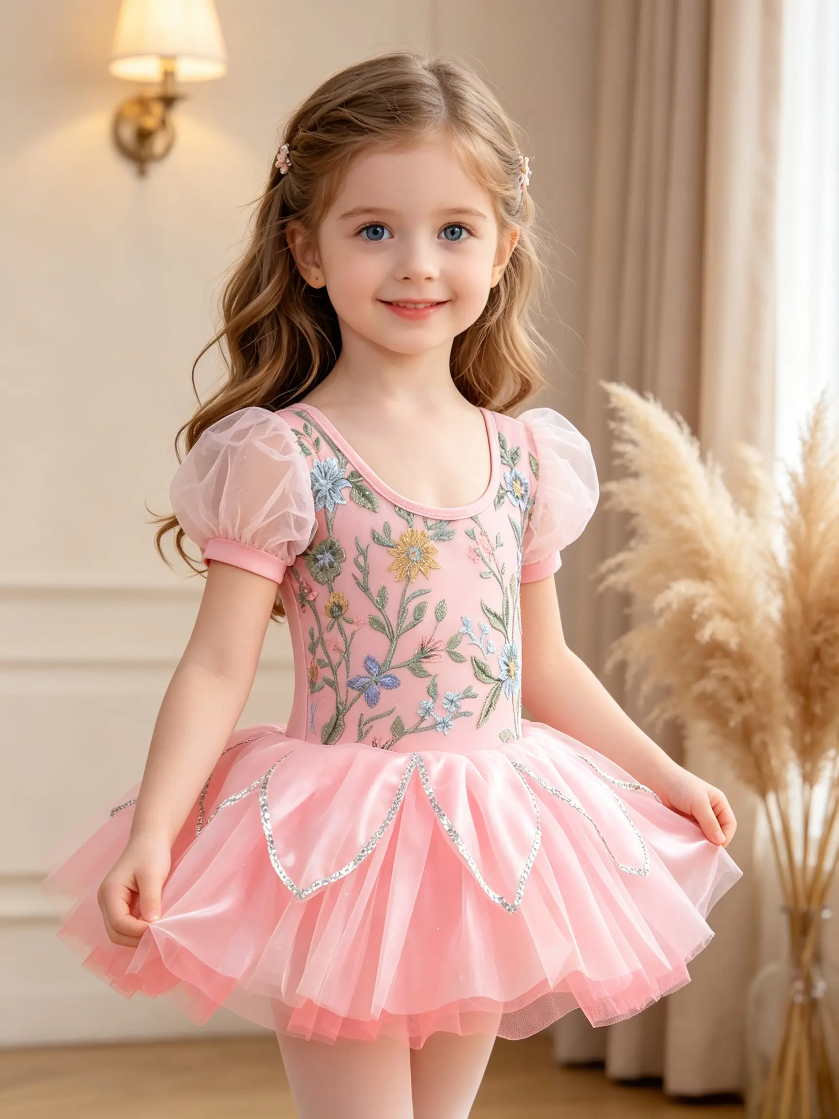 Little Girls Puff Sleeve Floral Embroidery Ballet Leotard Princess Tutu Dress, Silver Trim Layered Tulle Ballerina Costume for Dance Class Party & Photo Shoot