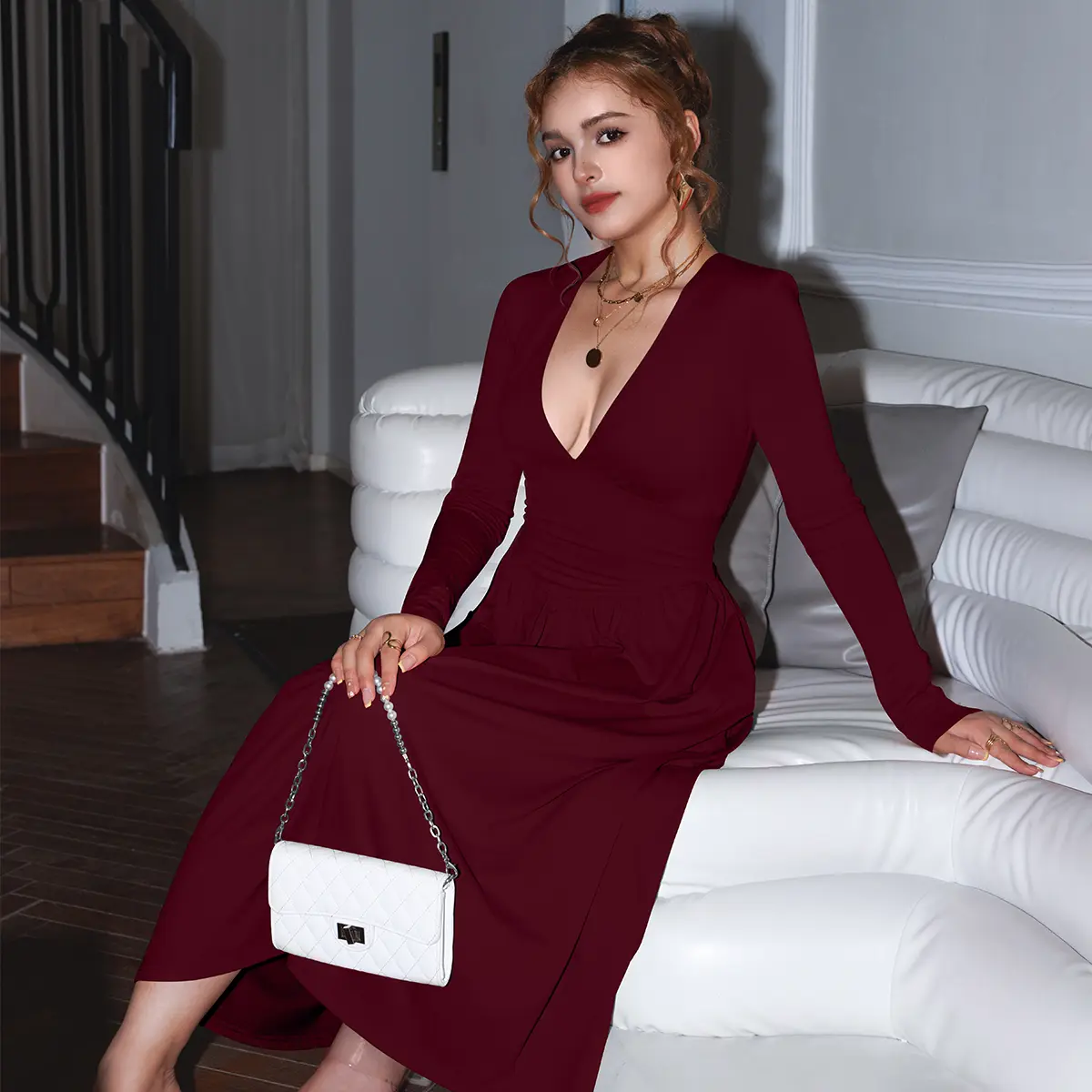 OYS Women's Casual Fall Long Sleeve Deep V Neck A-Line Swing Midi Party  Dress With Pockets & Back Tie Detail Design - TikTok Shop