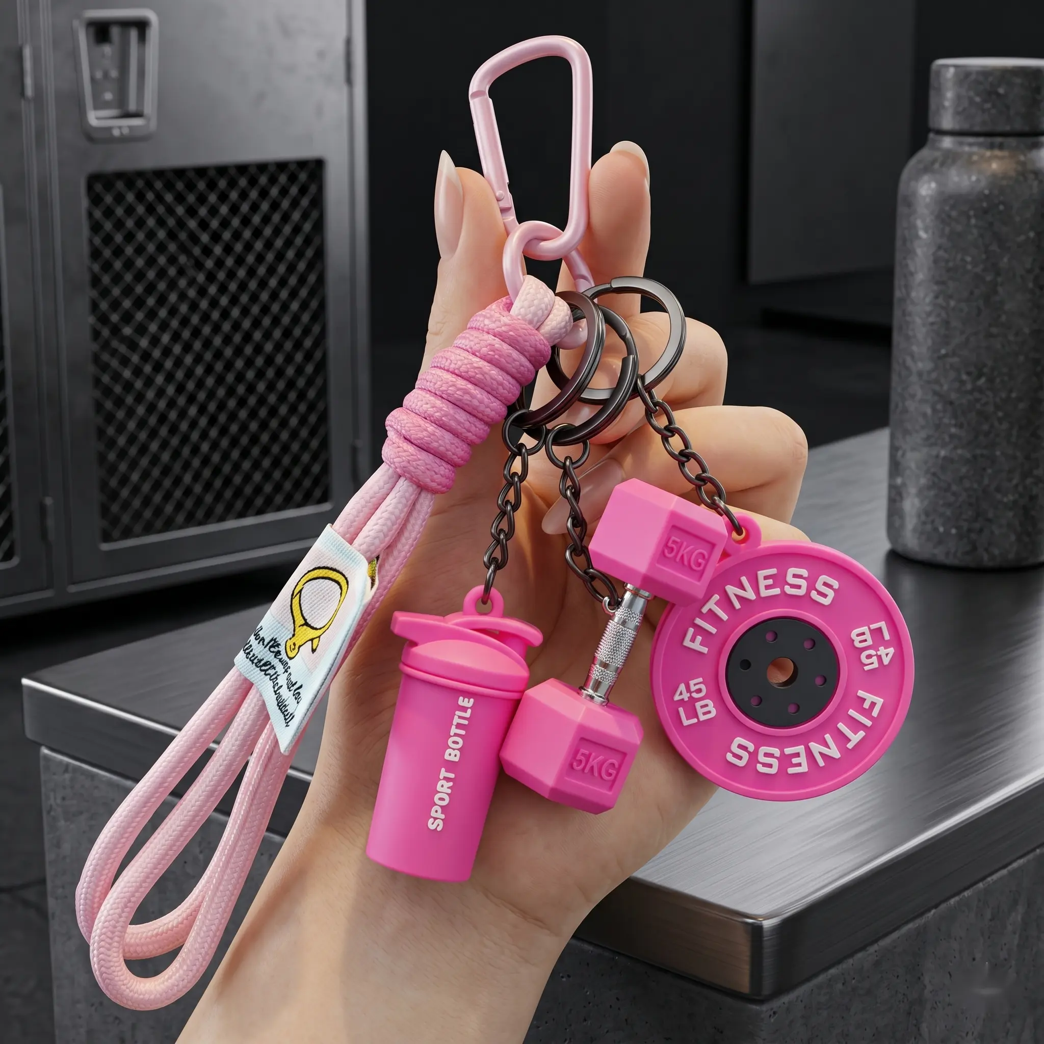 Fitness Keychain Set, MSilicone Dumbbell Kettlebell, Gym Lover Key chain, Bag Charm Backpack Barbell & DWoven Silicone Weight Plate Barbell & Dumbbell Bag Purse Charm & Jewelry Accessory