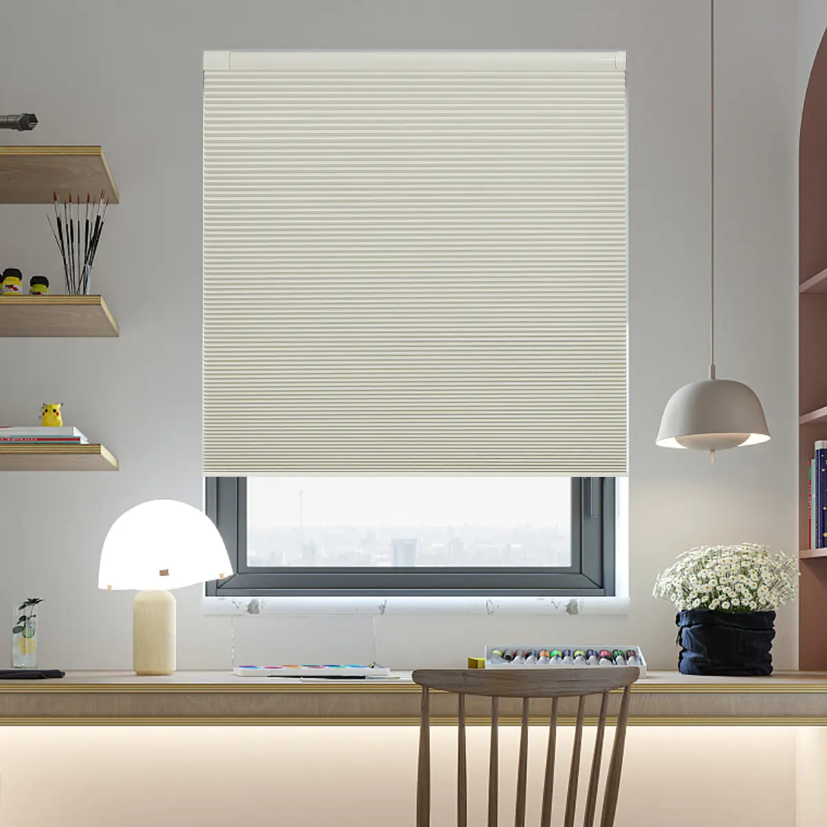 PANORAMIX Cordless Honeycomb Blinds - No Drill, Blackout Cellular Shades with Honeycomb Weave PVC Fabric, Custom Size Light Blocking Window Covers for Bedroom, Kitchen - Beige