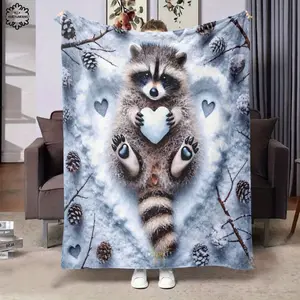 1PC  Fall Halloween Picnic Blanket Soft Blanket Cozy Flannel Blanket With Adorable Raccoon & Winter Forest Print - Soft  All-Season Throw For Home, Office, Travel - Perfect Gift For Nature Lovers, Home Comfort Accessory,Thin Blanket Dream Workshop