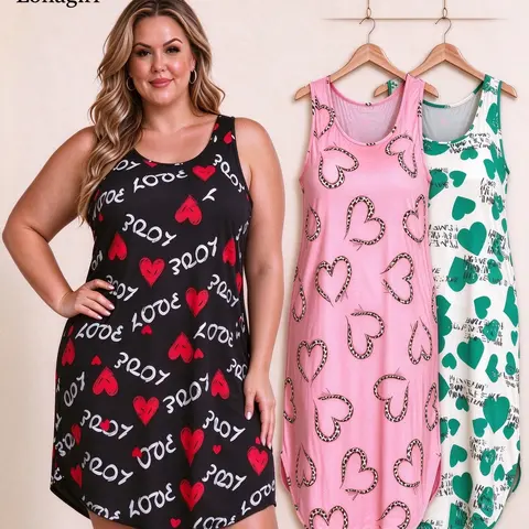 【Flash Sale】Women's Valentine Heart Pajama Set, Plus Size Curvy Fit 3-Pack Sleeveless Tank Loungewear Nightdresses, Breathable Floral Sleepwear (1XL-5XL Assorted Prints, Blue) | Plus Size Clothes, Curvy Clothing, Pajamas Sets for Women, All Seasons outdoo
