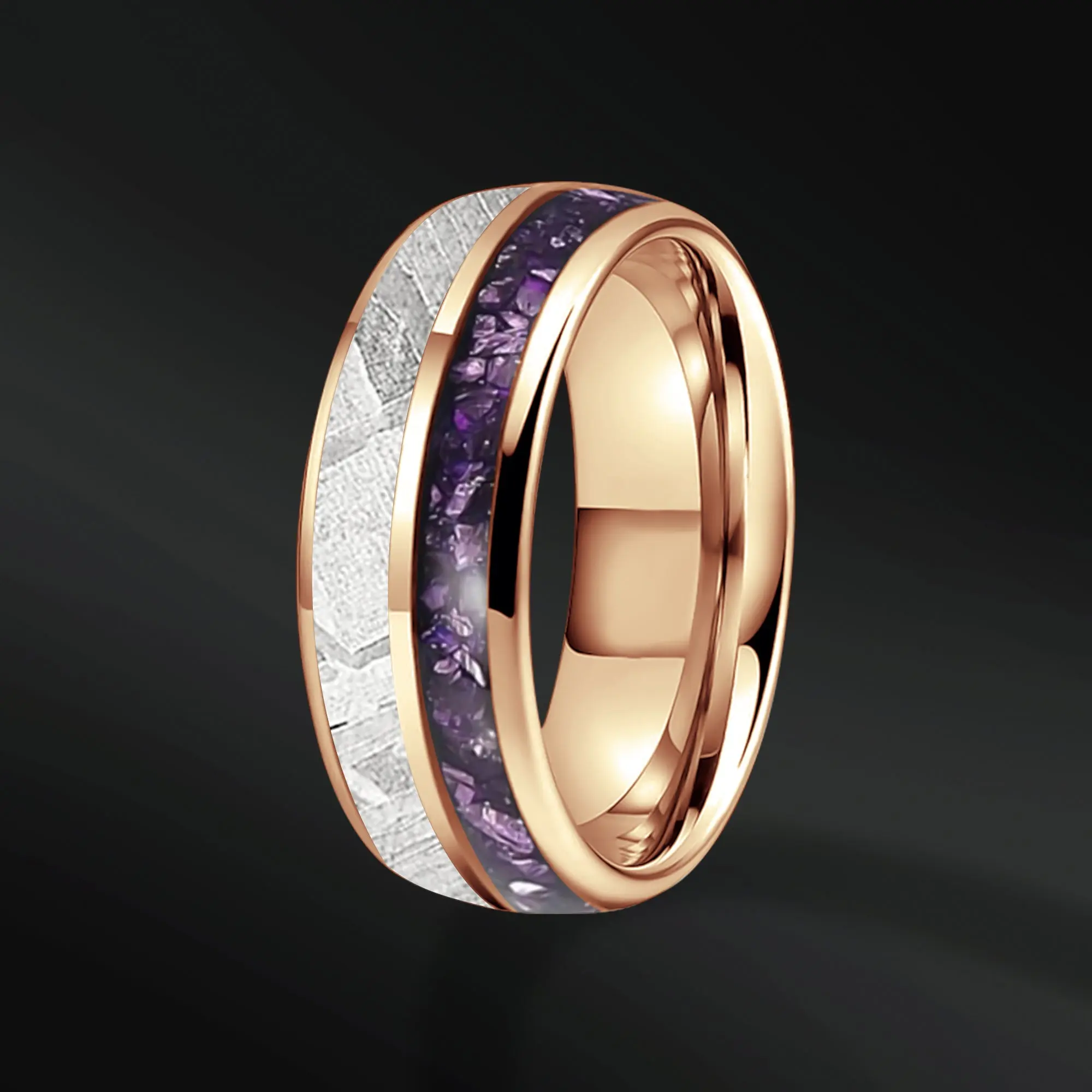 Violet Bliss — Men's Meteorite & Amethyst Wedding Band in Rose Gold