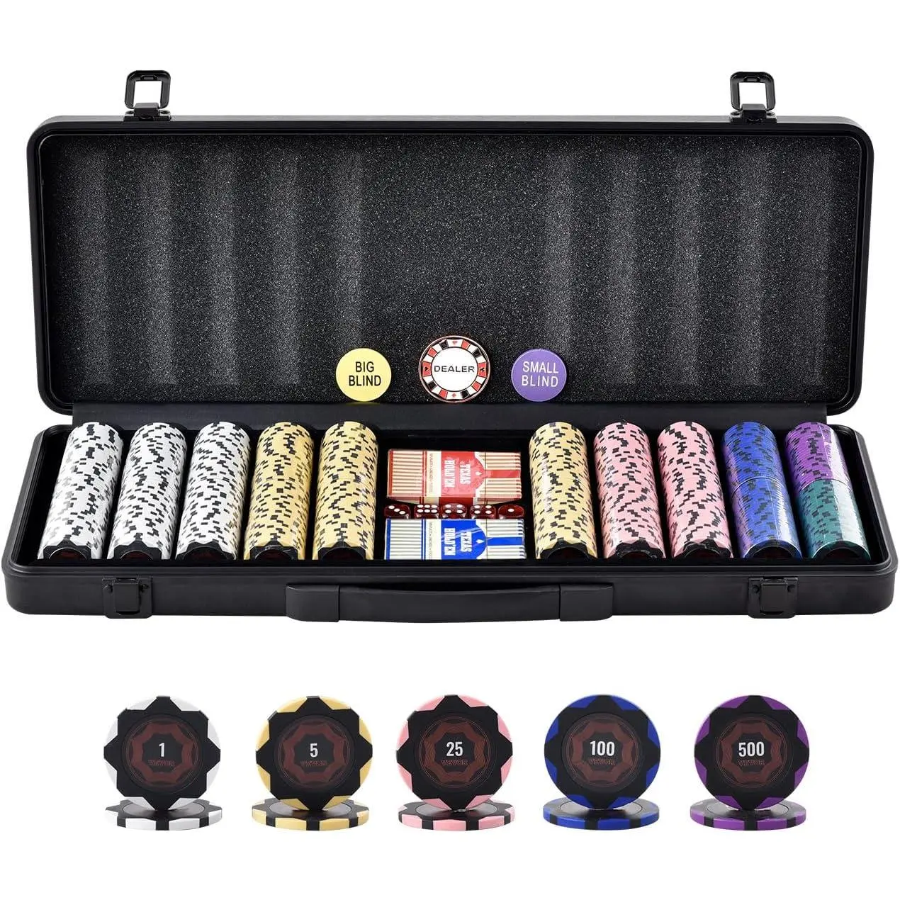 VEVOR Poker Chip Set, 500-Piece Poker Set, Complete Poker Playing Game Set with Carrying Case, Heavyweight 14 Gram Casino Clay Chips, Cards, Buttons and Dices, for Texas Hold'em, Blackjack, Gambling