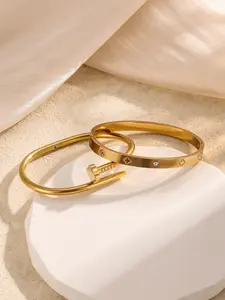 Women's Stainless Steel Four-Leaf Clover Zircon Nail Bracelet Set, Elegant Minimalist Bangle, Adjustable Cuff, Fashionable High-Quality Ladies' Jewelry, Anti-Alergic & Durable