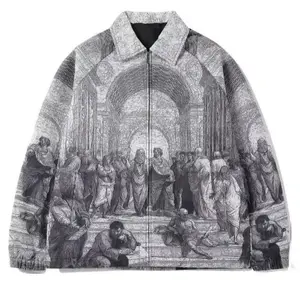 Men's Autumn Fashion Trendy Zipper Jacket 3D Digital Print Grey Long Sleeve Coat Casual Menswear Stylish Outfit