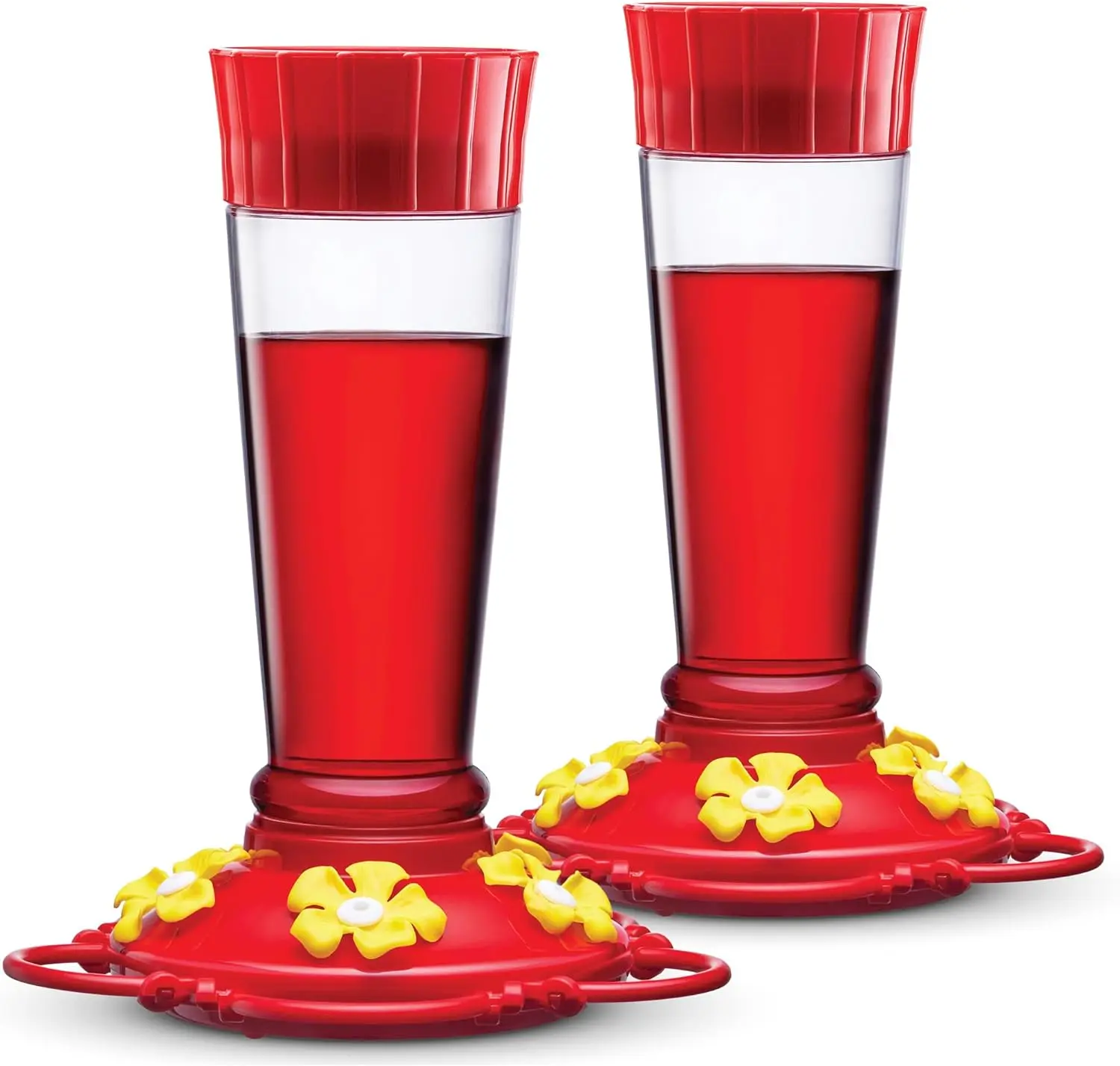 Hummingbird Feeder 10 oz [Set of 2] Plastic Feeders for Outdoors, with Built-in Ant Guard - Circular Perch with 5 Feeding Ports - Wide Mouth for Easy Filling/2 Part Base for Easy Cleaning