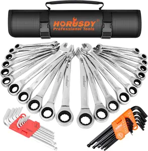 HORUSDY Ratcheting Wrench Set | 48-Piece | Cr-V Steel | 72 Teeth Ratchet Wrench 6-18mm & SAE 1/4-3/4" | with Roll Up Pouch and Allen Wrench