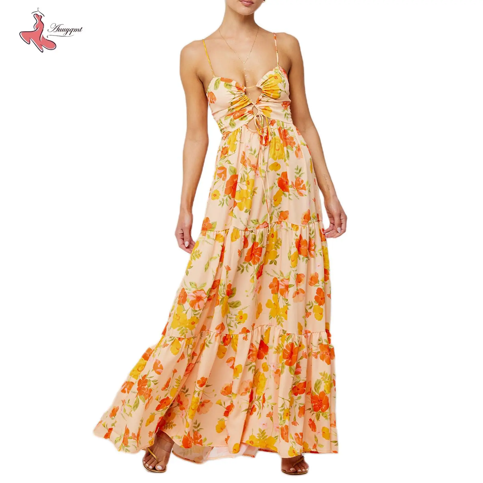 Women's Long Beach Dress Sleeveless Spaghetti Strap Cross Tie-up Front Floral Print Dress Midi Slip Dress