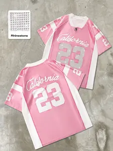 🔥 Sparkly Rhinestone California 23 Jersey | Y2K Pink Oversized Men Football Tee, Color Block Letter Number Print, Hip Hop Streetwear Aesthetic, Breathable Loose Fit, Trendy Game Day Club Party Statement OOTD Top, Sports Tops!