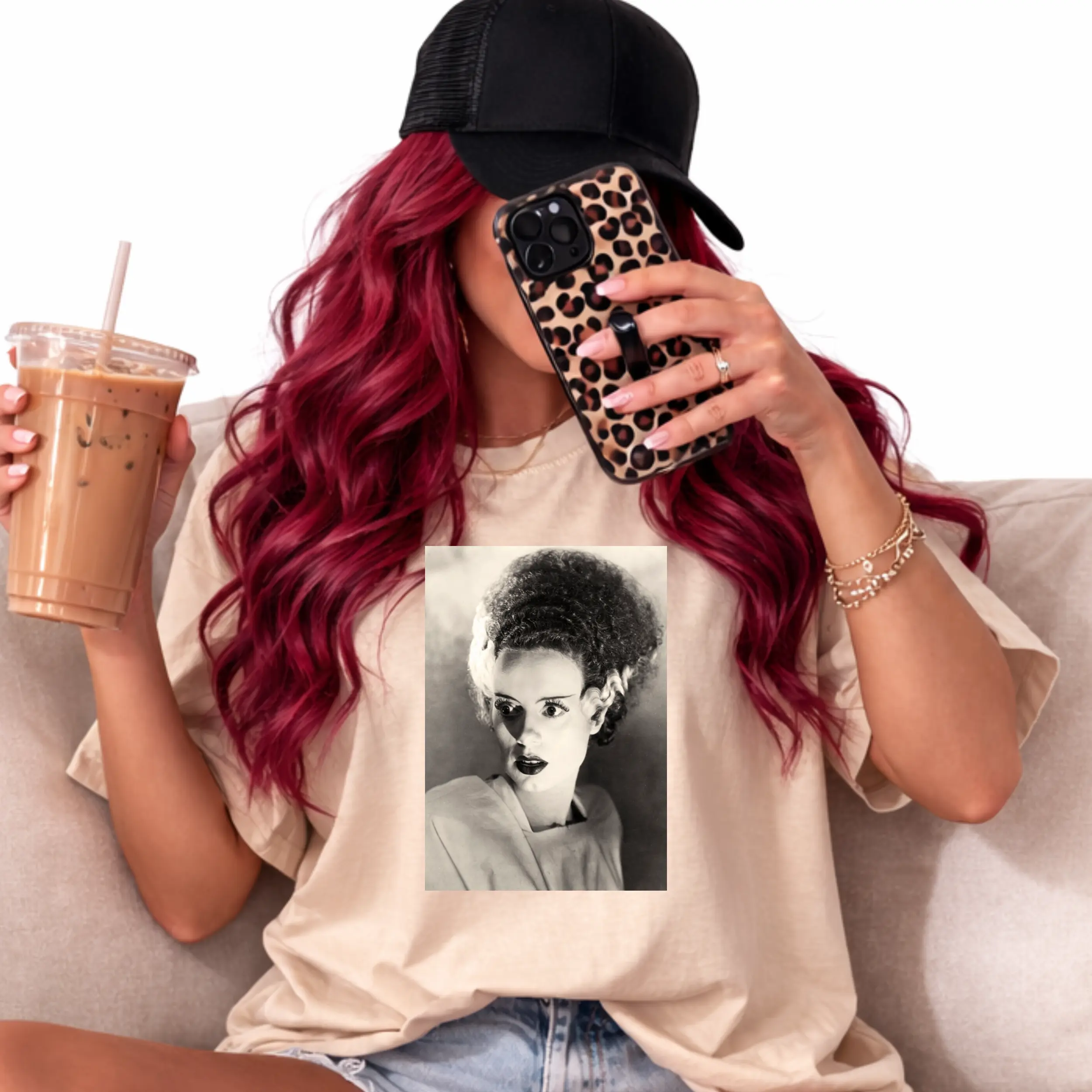 Men's Graphic Tshirt, Vintage Bride of Frankenstein Portrait Print, Soft 100% Cotton Relaxed Boxy Fit Crew Neck Top, Tee, Boxy Cut, Shortsleeve, Round Neck, Ribbed, Knit, Classic, Casual, Fabric, Layer