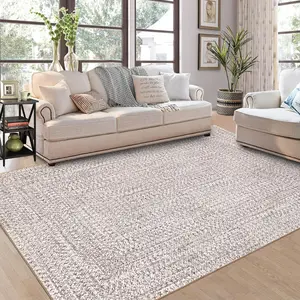 Garvee 9x12 Modern Braided Print Area Rug - Washable, Stain Resistant, Low Pile Soft Touch Carpet for Indoor Use in Bedroom, Apartment, Living Room - Beige/Grey Large Floor Cover