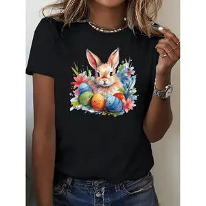 Women's Easter Bunny & Egg Print T-Shirt - Spring Casual Round Neck Tee, Colors for Easter Outfits, Machine Washable Comfortable Spring Festival Apparel