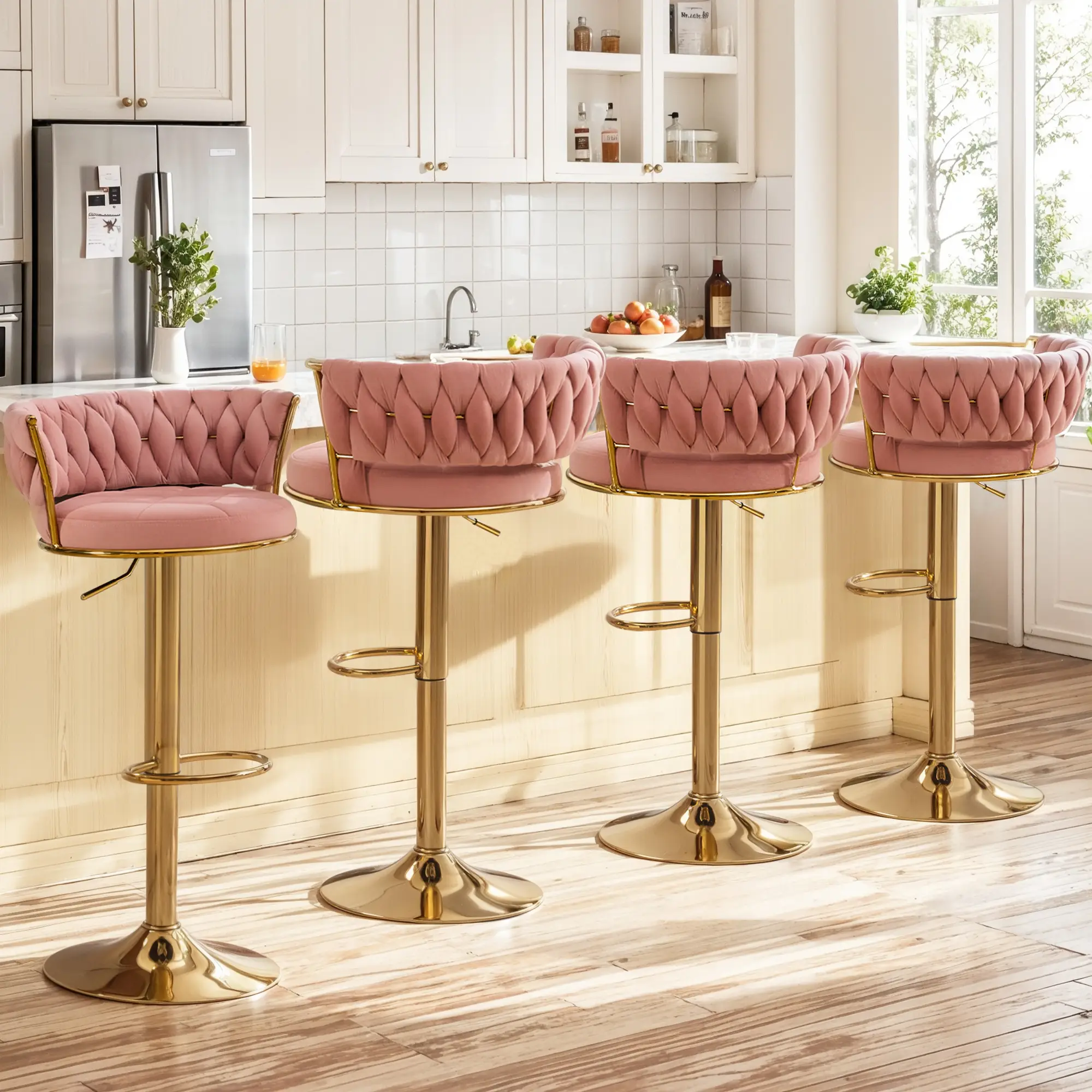 VECELO Bar Stools Set of 2 Woven Modern 360° Swivel Gold Bar Stools,Adjustable Height Barstools with Velvet Backs Metal Tall Kitchen Counter Chairs fo