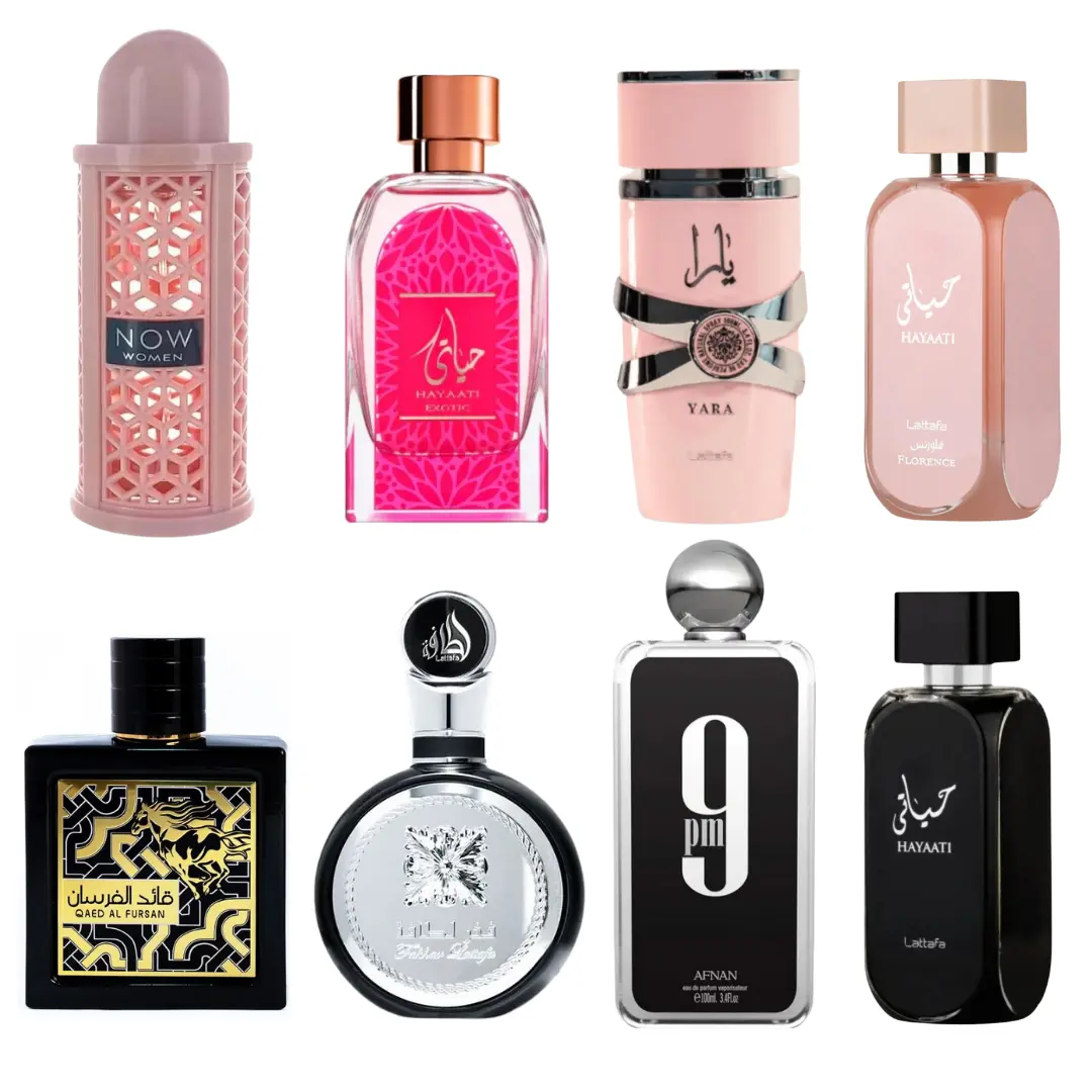 Now Pink + Hayaati Exotic + Yara + Hayaati Florence + Qaed Al Fursan + Fakhar Lattafa Silver + 9pm Black + Hayaati Men--- 8 piece bundle Fragrances Perfumes Floral Sweet Perfume, Fragrance, 8-Piece Kit
