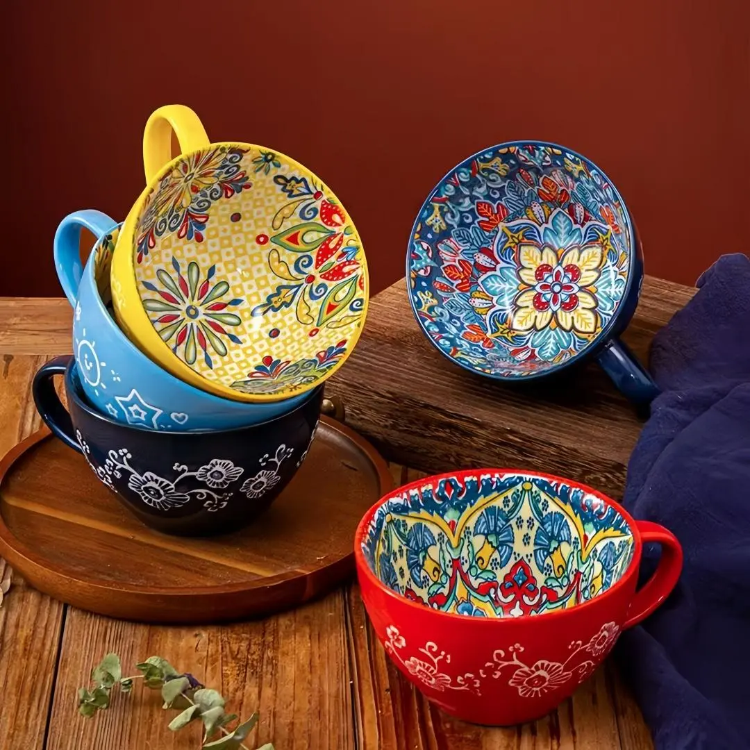Boho Style Ceramic Mug, 2 Counts/set Large Capacity Coffee Cup, Heat Resistant Drinking Cup for Home Office Use, Kitchen Supplies, Drinkware, Kitchenware, Multicolor Porcelain Cups, Stylish Drinkware, Heat Resistant Mugs