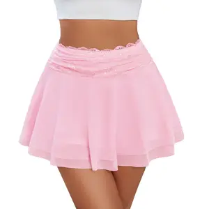 Avidlove Women's Pleated Mini Skirt Lace Mesh Layered Ruffled Lingerie Short Skirts