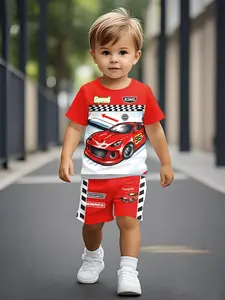 Red and white racing-themed printed short-sleeve sportswear set for baby boys, casual kids' clothing for toddlers. This T-shirt made of 100% polyester is suitable for daily wear and outdoor activities, and it is a perfect gift for infants and young childr