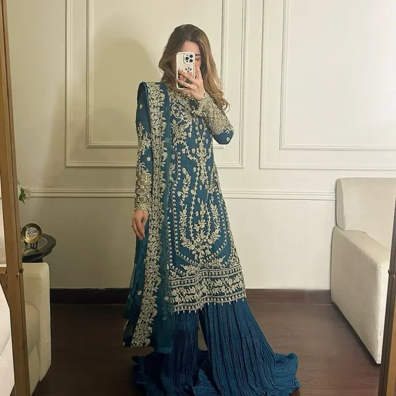Women blue teal sharara set Indian party wedding heavy suit Diwali karvachauth wear