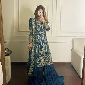Women blue teal sharara set Indian party wedding heavy suit Diwali karvachauth wear