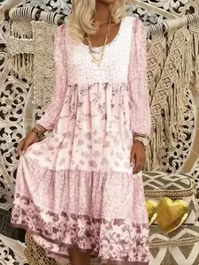 Printed Floral Patchwork Fitted Long Sleeve Dress, Simple Elegance Style, Women's Fashion Casual Wear, Perfect for Daily