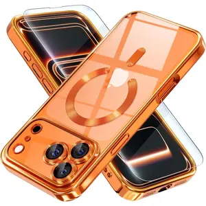 Magnetic for iPhone 17 Pro Case Compatible with MagSafe [Never Yellowing] [Military Grade Drop Protection] Full Camera Lens Protector Plating Soft Clear Phone Case for Women, Orange