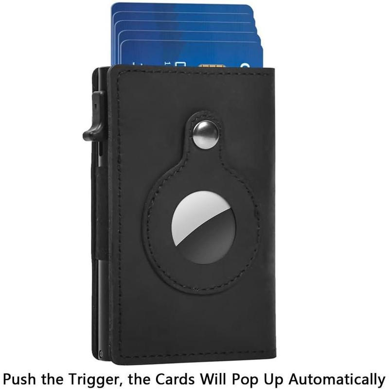 Slim Wallet for AirTag Genuine Leather RFID Credit Card Holder Automatic Pop up Wallet |   Slim Design Multipurpose Accessory for AirTag Case for Men (Black Leather)\u2026