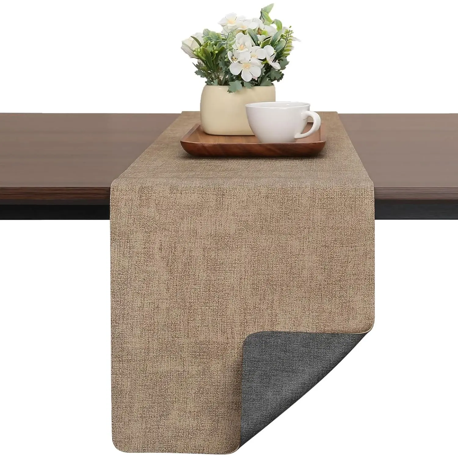 Dual-Sided Faux Leather Table Runner (12x72 in) - Waterproof, Heatproof, Non-Slip Farmhouse Decor for Living Room, Valentine's Day, Anniversaries, Christmas (Gray Beige), 12 X 72 Inch
