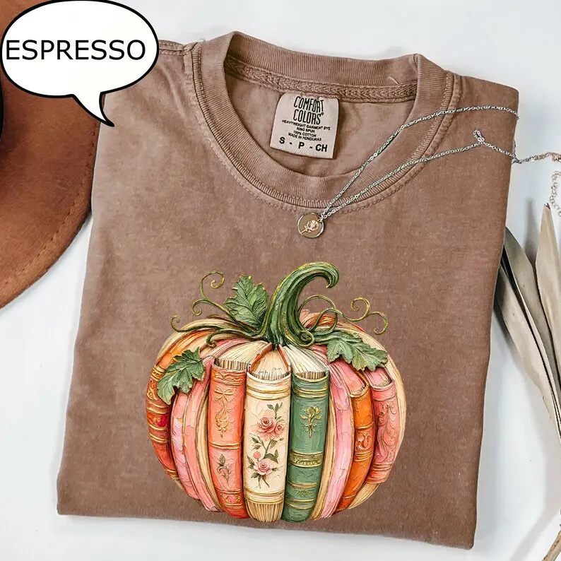 Comfort Colors  Pumpkin Book T-Shirt, Fall Book Lover Graphic Tee, Autumn Reading Shirt, Cozy Teacher Shirt, Library Aesthetic Tee, Bookworm Gift, Fall Graphic T-Shirt