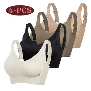 4PCS Women's Solid Four-breasted Adjustable Wireless Bra, Soft Comfortable Breathable Ribbed Push Up Seamless Bra, Women's Lingerie for All Seasons Flat Elastic outdoorfun