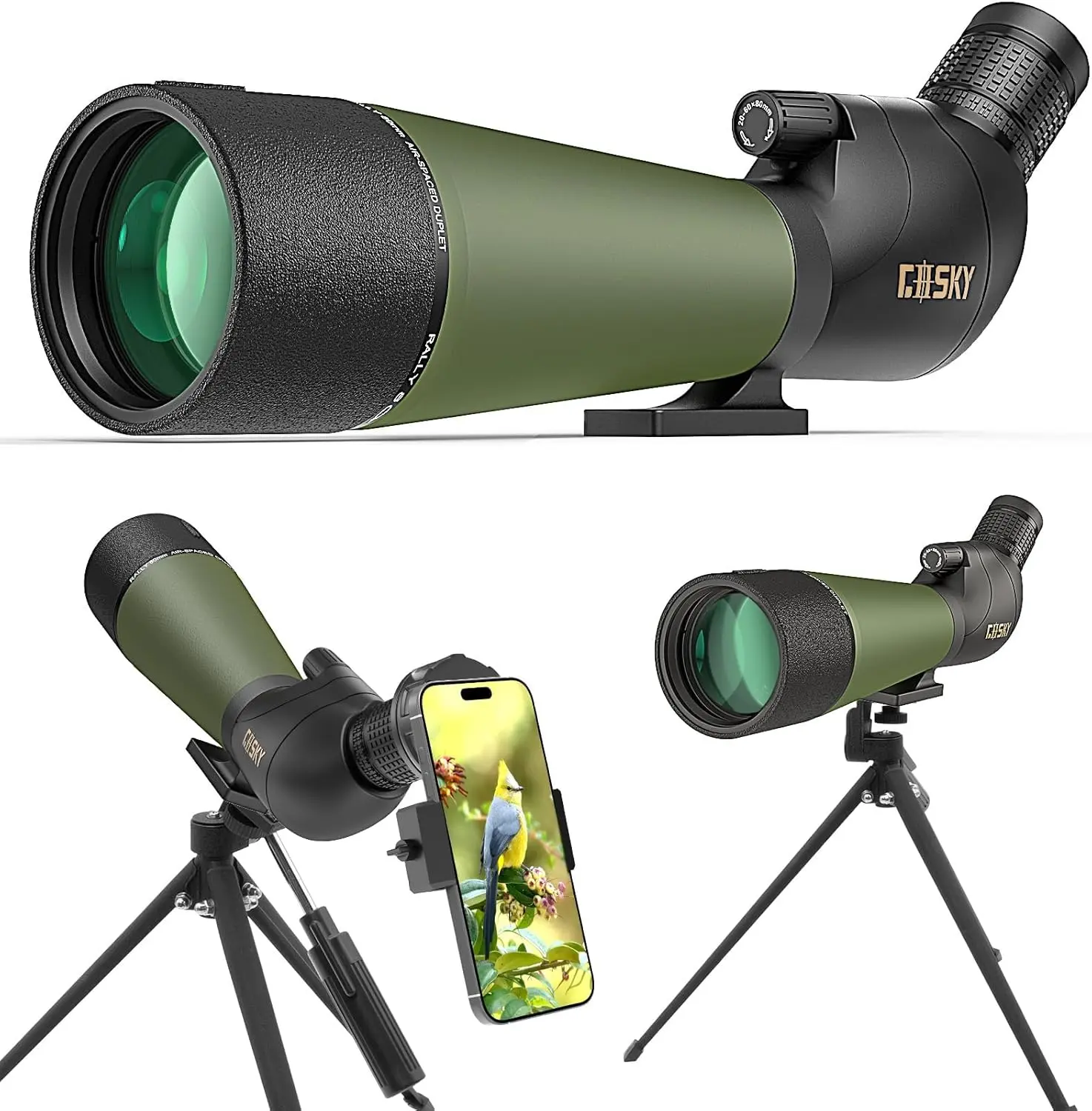 Gosky Updated 20-60x80 Spotting Scopes with Tripod, Carrying Bag and Quick Phone Holder - BAK4 High Definition Waterproof Spotter Scope for Bird Watching Wildlife Scenery,Green