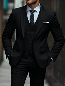 Men's 3pcs Slim-Fit Black Suit Set with Vest, Pants & Notched Collar - Wedding, Business, Prom, Funeral Tailoring - All-Season Formal Wear (No Stretch) - Complete Suit Jacket & Trousers Outfit Exquisite Suits